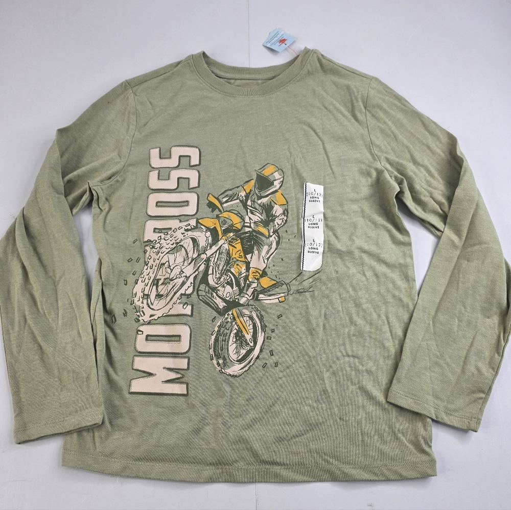Cat & Jack Olive Motocross Long Sleeve Tee Size Large (10/12) NWT F-2986